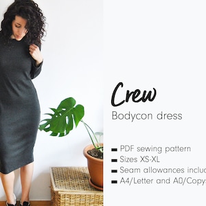 May include: A PDF sewing pattern for a grey bodycon dress with long sleeves. The pattern includes sizes XS-XL and seam allowances. The pattern is available in A4/Letter and A0/Copyshop sizes.