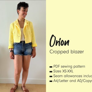 May include: A woman is wearing a yellow cropped blazer with a white and yellow checkered pattern. The blazer has a collar and long sleeves. The text "Orion Cropped blazer" is visible in the image. The text "PDF sewing pattern, Sizes XS-XXL, Seam allowances included, A4/Letter and A0/Copyshop" is also visible in the image.