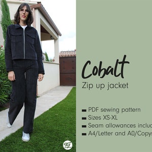 May include: A woman wearing a black corduroy zip-up jacket and matching pants. The text on the right side of the image reads "Cobalt Zip up jacket", "PDF sewing pattern", "Sizes XS-XL", "Seam allowances included", and "A4/Letter and A0/Copyshop".