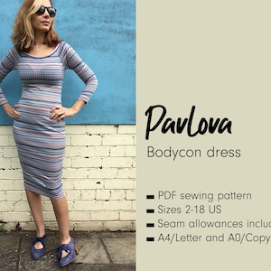 May include: A bodycon dress with a striped pattern in blue, orange, and white. The dress is knee-length with long sleeves. The text "Pavlova Bodycon dress" is displayed on the right side of the image.