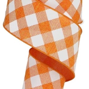 2.5” Orange and White Diagonal Check Wired Ribbon, Orange & White Fall Ribbon, Fall Craft Ribbon, Fall Wired Ribbon for Wreaths, 10 Yards