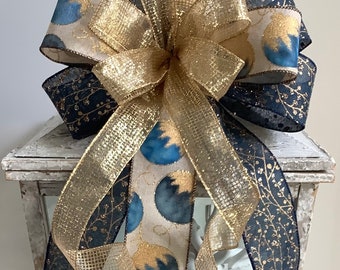 Christmas Bow, Farmhouse Christmas Wreath Bow, Christmas Tree Topper, Christmas Decor, Blue and Gold Christmas Bow, Lantern Bow