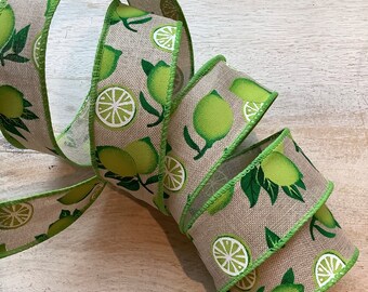 5 Yards of Juicy Limes on Beige Wired Ribbon 1.5 Wide - Summer/ Everyday