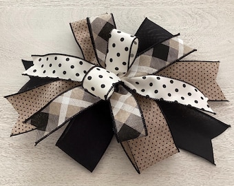 Black & Beige Wreath Bow, Lantern Bow, Door Hanger Bow, Wreath Embellishment, Everyday Wreath Bow, Farmhouse Wreath Bow