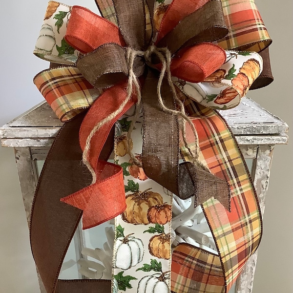 Thanksgiving Wreath Bow, Fall Door Hanger Bow, Wreath Embellishment, Thanksgiving Decor, Rust and Brown Bow, Pumpkin Bow