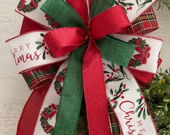 Christmas Wreath Bow: Red and Green Christmas Lantern Bow, Merry Christmas Bow
