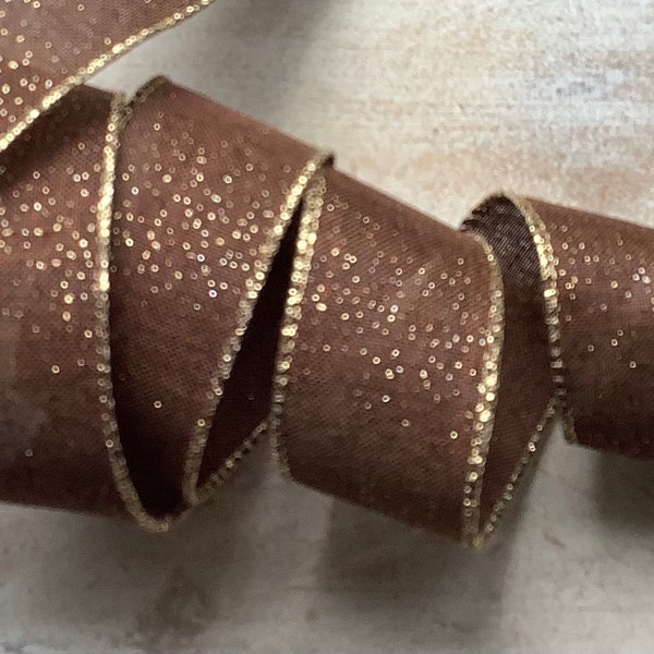 1.5” Brown Sparkle with Gold Wire Edge Christmas Ribbon, Brown Christmas Wired Ribbon for Bows, Christmas Craft Ribbon 5 Yard Roll