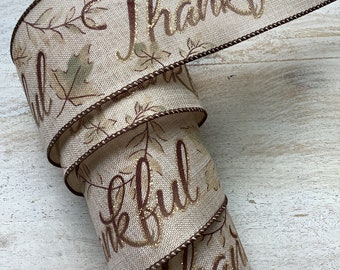 5 Yards Fall Thankful Wire Edge Ribbon 2.5” Wide, Thanksgiving Wired Edge Ribbon Ribbon