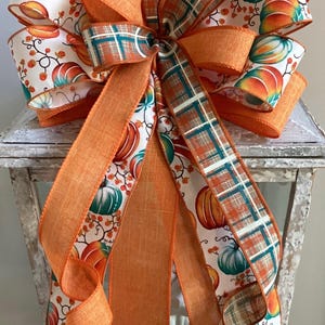 Herbstkranz Schleife, Laterne Schleife, Herbst Türhänger Schleife, Kranz Verschönerung, Erntedank Dekor, Orange und Aqua Schleife, Kürbis Schleife