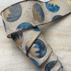 5 yards Christmas Ornaments Print Wired Ribbon, Blue and Gold Christmas Wired Ribbon for Wreaths, Christmas Craft Ribbon 2.5”
