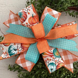 Herbstkranz Schleife, Laterne Schleife, Herbst Türhänger Schleife, Kranz Verschönerung, Erntedank Dekor, Orange und Aqua Schleife, Kürbis Schleife