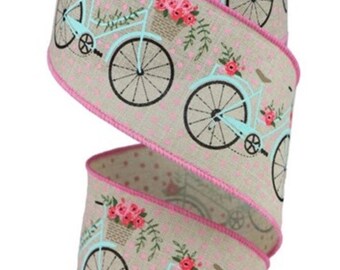 10 Yards Bicycle Print Wired Ribbon 2.5” Wide, Spring Ribbon, Aqua and Pink Ribbon