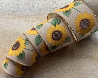 5 Yards Sunflower Print Wired Ribbon 2.5” Wide - Bow Ribbon