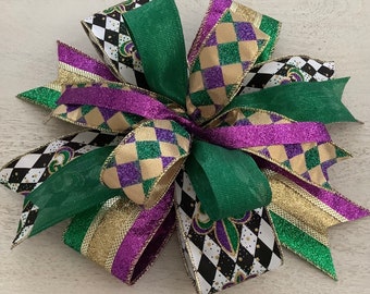 Mardi Gras Wreath Bow, Mardi Gras Decoration, Mardi Gras Lantern Bow, Fat Tuesday Decor, Door Hanger Bow, Fleur De Lis Bow