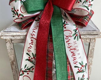Christmas Bow, Merry Christmas Wreath Bow, Christmas Tree Topper, Christmas Decor,  Red and Green Christmas Bow, Lantern Bow