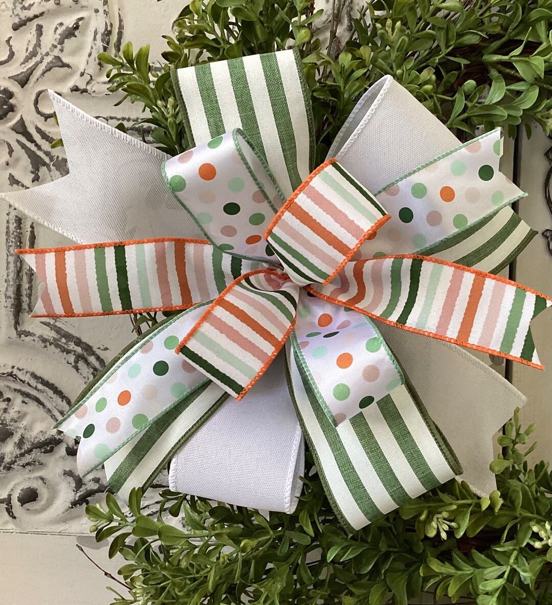Green & White Wreath Bow, Summer Wreath Bow, Lantern Bow, Spring Door ...
