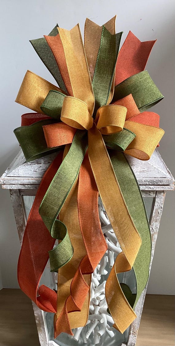 Fall Wreath Bow, Lantern Bow, Fall Door Hanger Bow, Wreath Embellishment, Thanksgiving Bow, Rust Green Mustard Bow, Autumn Bow, Fall Decor
