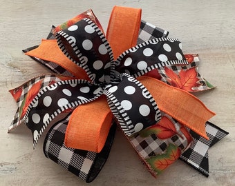 Fall Wreath Bow, Lantern Bow, Fall Door Hanger Bow, Wreath Embellishment, Thanksgiving Decor, Black and Orange Fall Leaves Bow