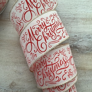 2.5 Merry Christmas Wired Ribbon, Red and Ivory Christmas Wired Ribbon for Wreaths, Christmas Craft Ribbon 50 Yards image 1