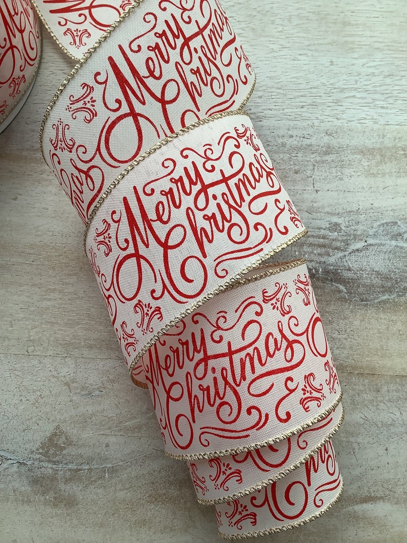 2.5 Merry Christmas Wired Ribbon, Red and Ivory Christmas Wired Ribbon for Wreaths, Christmas Craft Ribbon 50 Yards image 1
