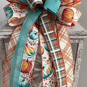 Herbstkranz Schleife, Laterne Schleife, Türhänger Schleife, Kranz Verschönerung, Erntedank Dekor, Orange und Aqua Schleife