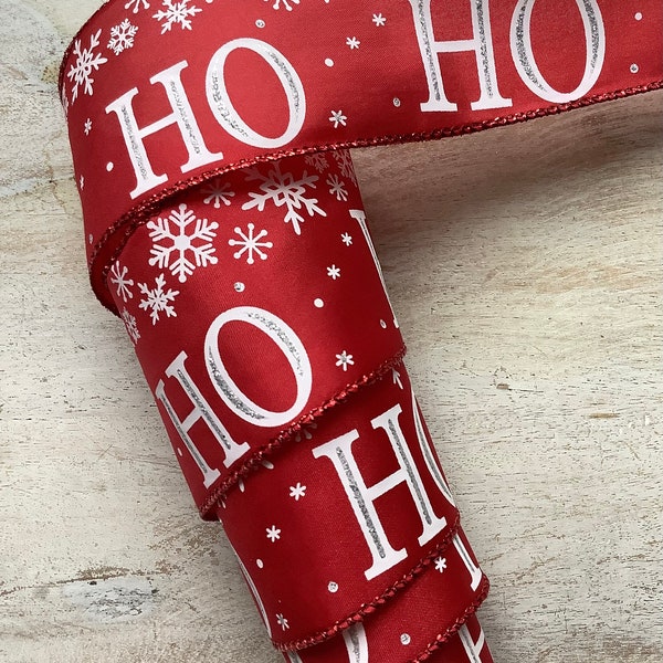 2.5” Ho Ho Ho Christmas Wired Ribbon, Red & White Christmas Wired Ribbon for Wreaths, Christmas Craft Ribbon 5 Yard Roll