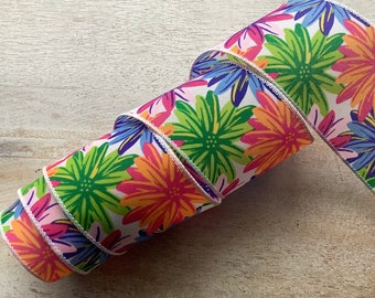5 Yards Tropical Floral Print Wired Ribbon 2.5” Wide - Beach Ribbon
