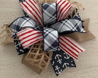 Nautical Wreath Bow, Coastal Decor, Beach Wreath Bow, Anchor Wreath Bow, Lantern Sea Bow, Nautical Door Hanger Bow, Summer Wreath Bow