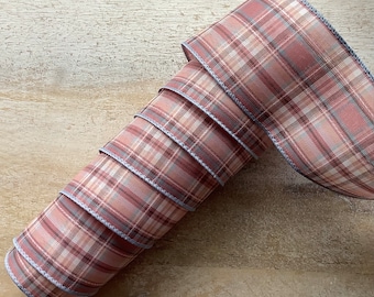 2.5” Wide Mauve and Ivory Plaid Wired Ribbon Wired Ribbon 5 Yards