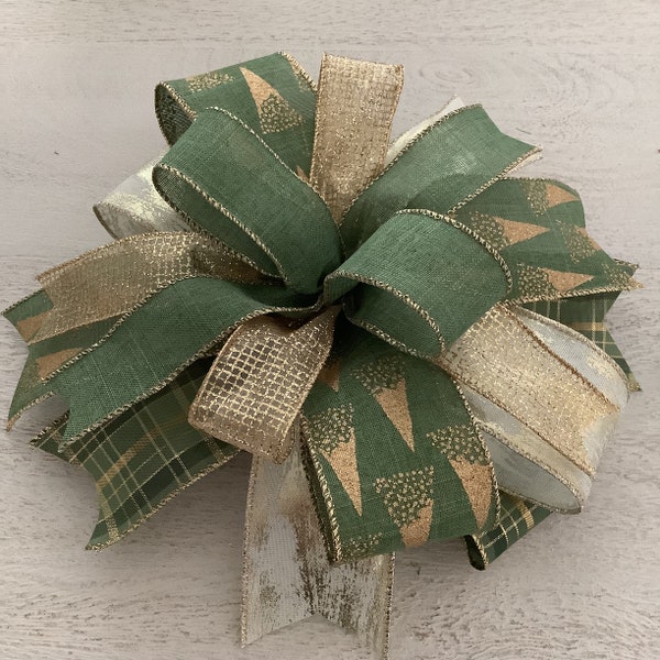 Christmas Bow, Christmas Wreath Bow, Farmhouse Christmas Bow, Green and Gold Christmas Bow, Christmas Door Hanger Bow, Lantern Bow