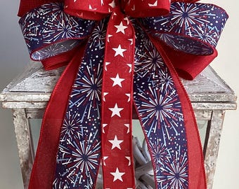 Patriotic Bow, 4th of July Wreath Bow, July 4th Decoration, Memorial Day Bow, Patriotic Wreath Bow, Star Bow, Patriotic Door Hanger Bow