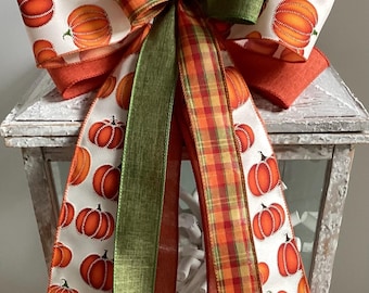 Thanksgiving Wreath Bow, Fall Door Hanger Bow, Wreath Embellishment, Autumn Leaves and Pumpkin Bow, Thanksgiving Decor, Fall Pumpkins Bow