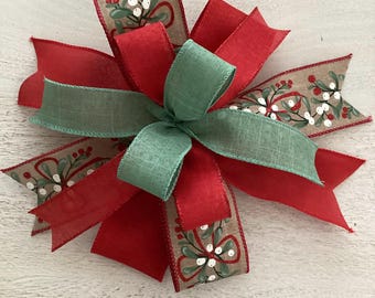 Red and Green Christmas Wreath Bow, Farmhouse Christmas Wreath Bow, Christmas Tree Topper, Christmas Decor, Red and Green Christmas Lantern