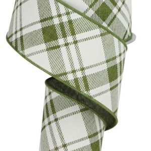 2.5” Moss Green & White Diagonal Stripe Check Wired Ribbon, Everyday ...