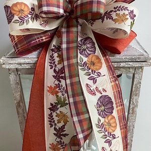 Plum & Rust Fall Wreath Bow, Thanksgiving Bow, Autumn Lantern Bow, Wreath Embellishment, Fall Decor