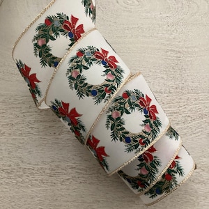 2,5 ”Weihnachtskranz Print Wired Band, Grün, Rot und Elfenbein Weihnachten Wired Band für Kränze, Weihnachtskranz Craft Ribbon 5 Yards