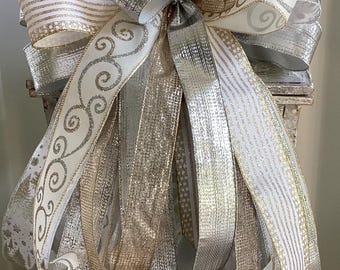 XL Christmas Tree Topper Bow: Gold, Silver, and Ivory Swirl