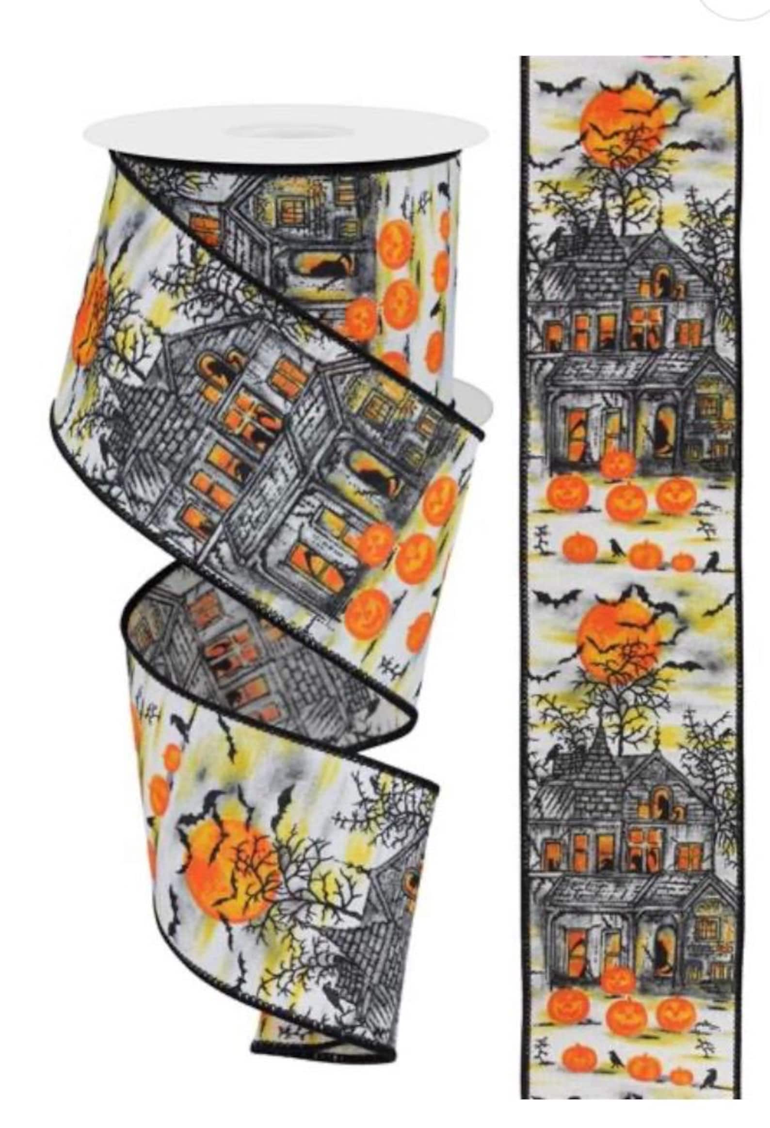 10 Yards Halloween Haunted House With Pumpkins Wired Ribbon, Halloween ...