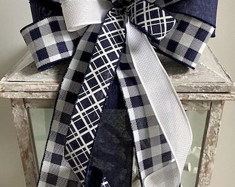 Navy Blue & White Check Farmhouse Wreath Bow, Lantern Bow, Door Hanger Bow, Wreath Embellishment, Everyday Wreath Bow, Farmhouse Bow,