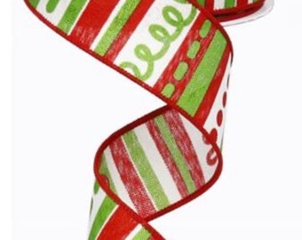 1.5” Christmas Red and Lime Green Wired Ribbon, Loopy Stripes Christmas Wired Ribbon for Bows, Christmas Craft Ribbon 10 Yard Roll