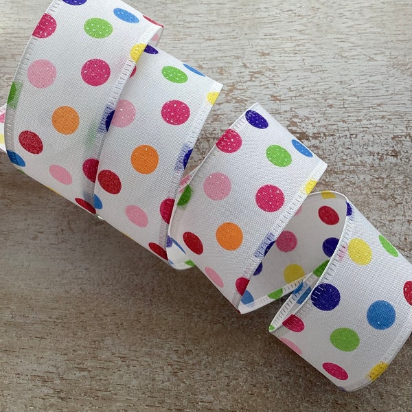 1.5” Multicolor Polka Dot Wired Ribbon, Summer Polka Dot Wired Ribbon, Craft Ribbon, Multicolor Wired Ribbon for Wreaths, 5 Yards