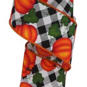 10 Yards Fall Pumpkins With Leaves on Check Wired Ribbon, Fall Pumpkin Ribbon, Black & Orange Pumpkin Ribbon, Fall Craft Ribbon 2.5”