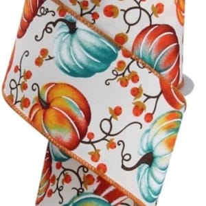 Fall Pumpkin and Bittersweet Wired Ribbon, Fall Wired Ribbon for Wreaths, Teal & Orange Pumpkin Ribbon, Fall Craft Ribbon 2.5” 10 Yard Roll