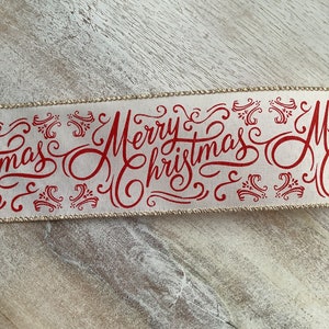 2.5 Merry Christmas Wired Ribbon, Red and Ivory Christmas Wired Ribbon for Wreaths, Christmas Craft Ribbon 50 Yards image 3