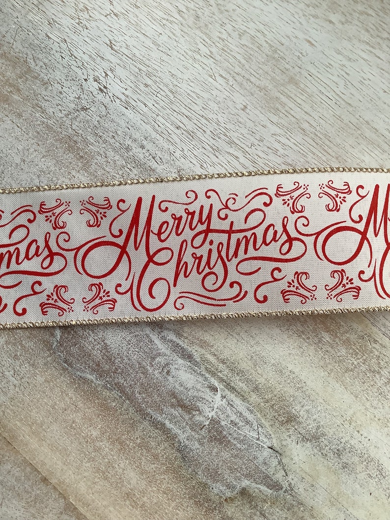 2.5 Merry Christmas Wired Ribbon, Red and Ivory Christmas Wired Ribbon for Wreaths, Christmas Craft Ribbon 50 Yards image 3