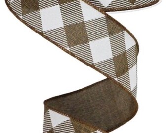 May include: Brown and white checkered ribbon with a burlap texture. The ribbon is rolled up on a spool.