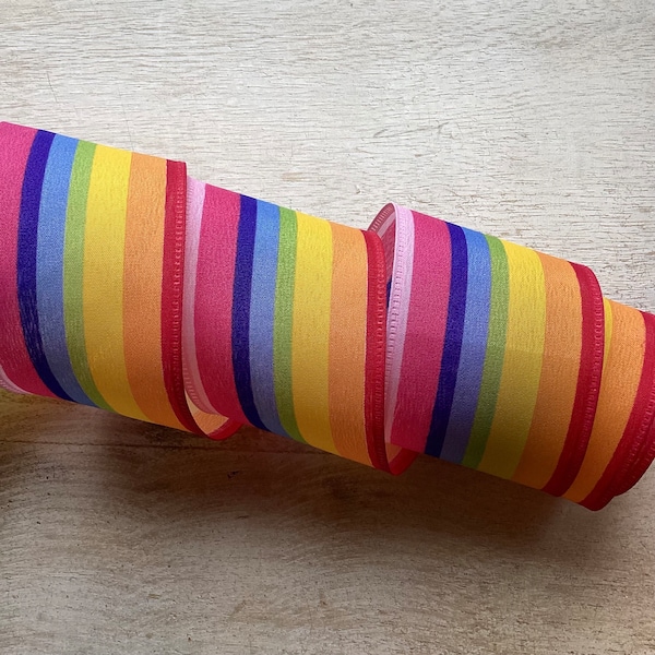 5 Yards Spring & Summer Stripe Print Wired Ribbon 2.5” Wide, Spring Ribbon, Multicolor Stripe Ribbon