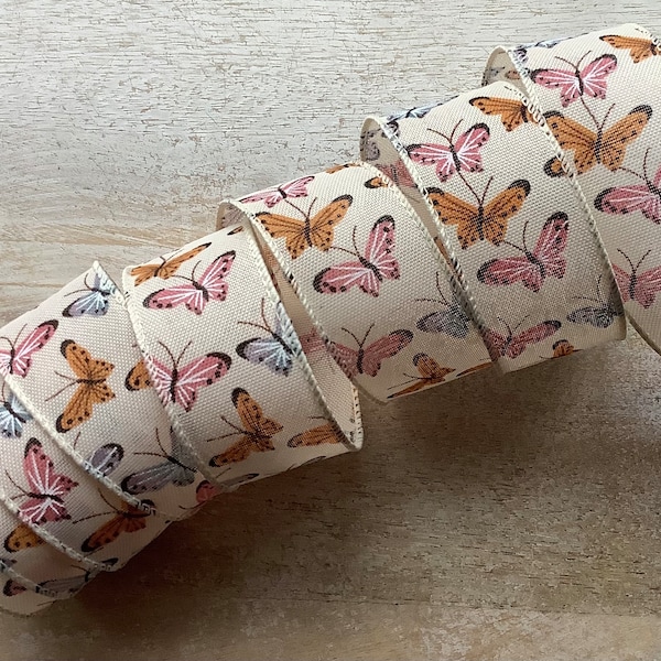 1.5” Wide Butterfly Wired Ribbon, Butterfly Print Wired Ribbon, Craft Ribbon 5 Yards