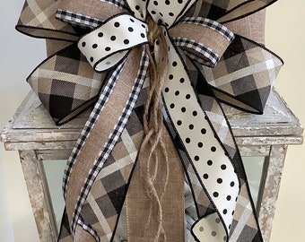 Farmhouse Wreath Bow, Lantern Bow, Door Hanger Bow, Wreath Embellishment, Everyday Wreath Bow, Tan & Black Wreath Bow,