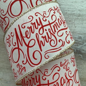 2.5 Merry Christmas Wired Ribbon, Red and Ivory Christmas Wired Ribbon for Wreaths, Christmas Craft Ribbon 50 Yards image 2